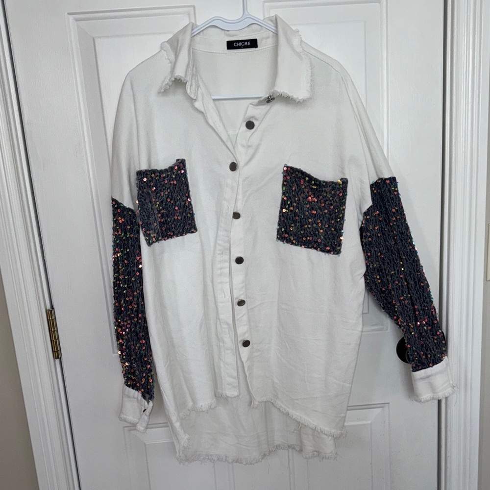Chic White Long Sleeve Button Down Shirt with Grey/Blue Sequin Details